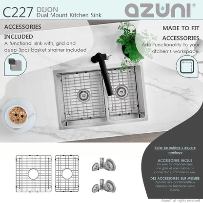 Stylish Azuni 27" x 18" Dijon Dual mount Double Bowl Kitchen Sink Stainless Steel C227