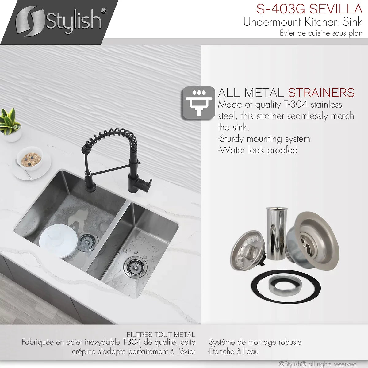 Stylish Sevilla 28" x 18" Undermount Double Bowl Kitchen Sink 18 Gauge Stainless Steel with Grids and Standard Strainers S-403G