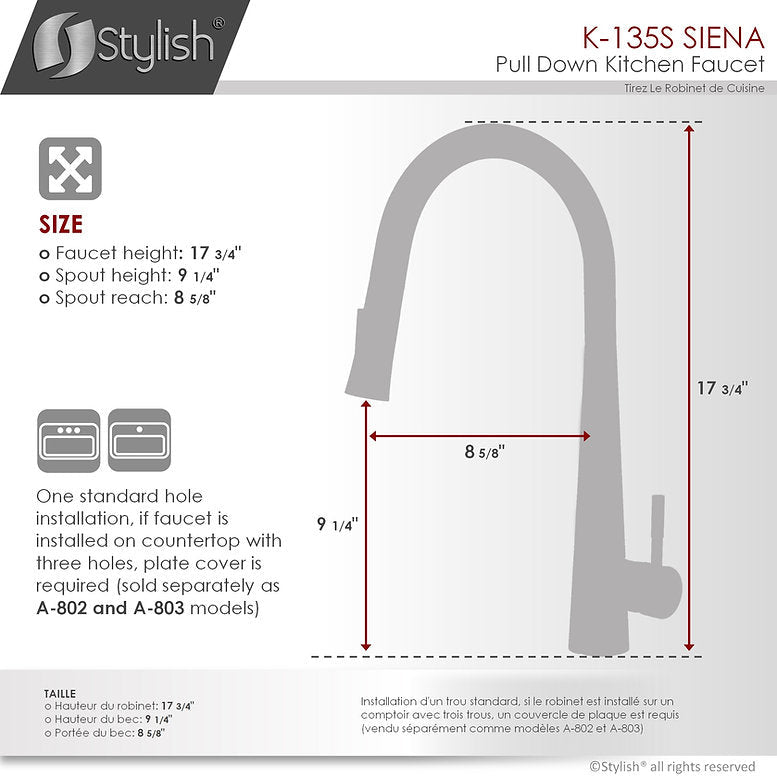 Stylish Siena Kitchen Faucet Single Handle Pull Down Dual Mode Stainless Steel Brushed Finish K-135S