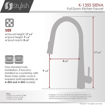 Stylish Siena Kitchen Faucet Single Handle Pull Down Dual Mode Stainless Steel Brushed Finish K-135S