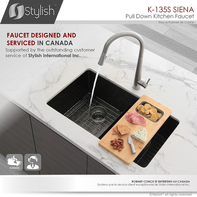 Stylish Siena Kitchen Faucet Single Handle Pull Down Dual Mode Stainless Steel Brushed Finish K-135S