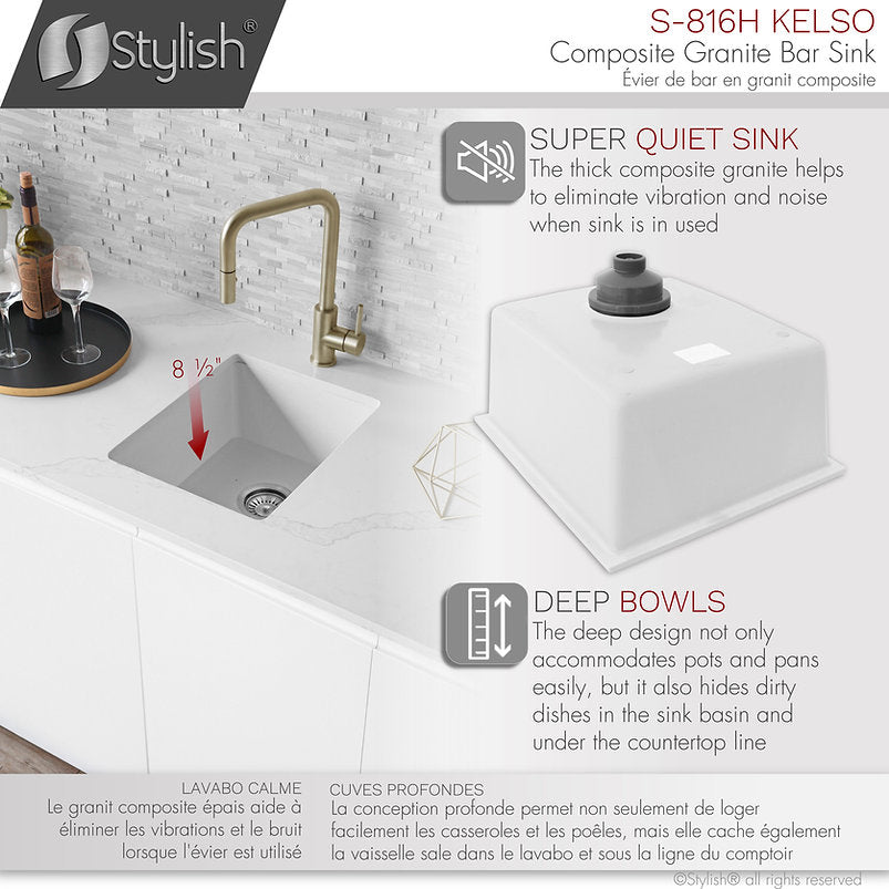 Stylish Kelso 15.5" x 17.5" Dual Mount Single Bowl White Composite Granite Kitchen Sink with Strainer