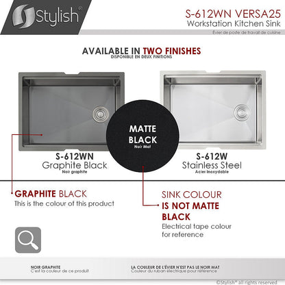Stylish Versa25 25" x 19" Handmade Graphite Black Workstation Single Bowl Kitchen Sink Built in Accessories S-612WN