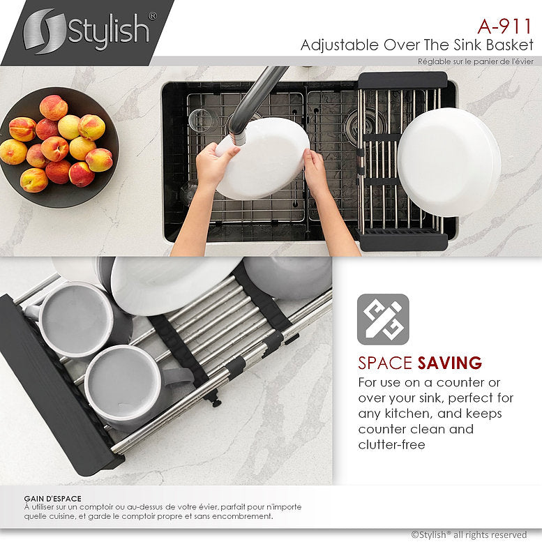 Stylish Adjustable Over the Sink Stainless Steel Dish or Vegetable Drainer Basket