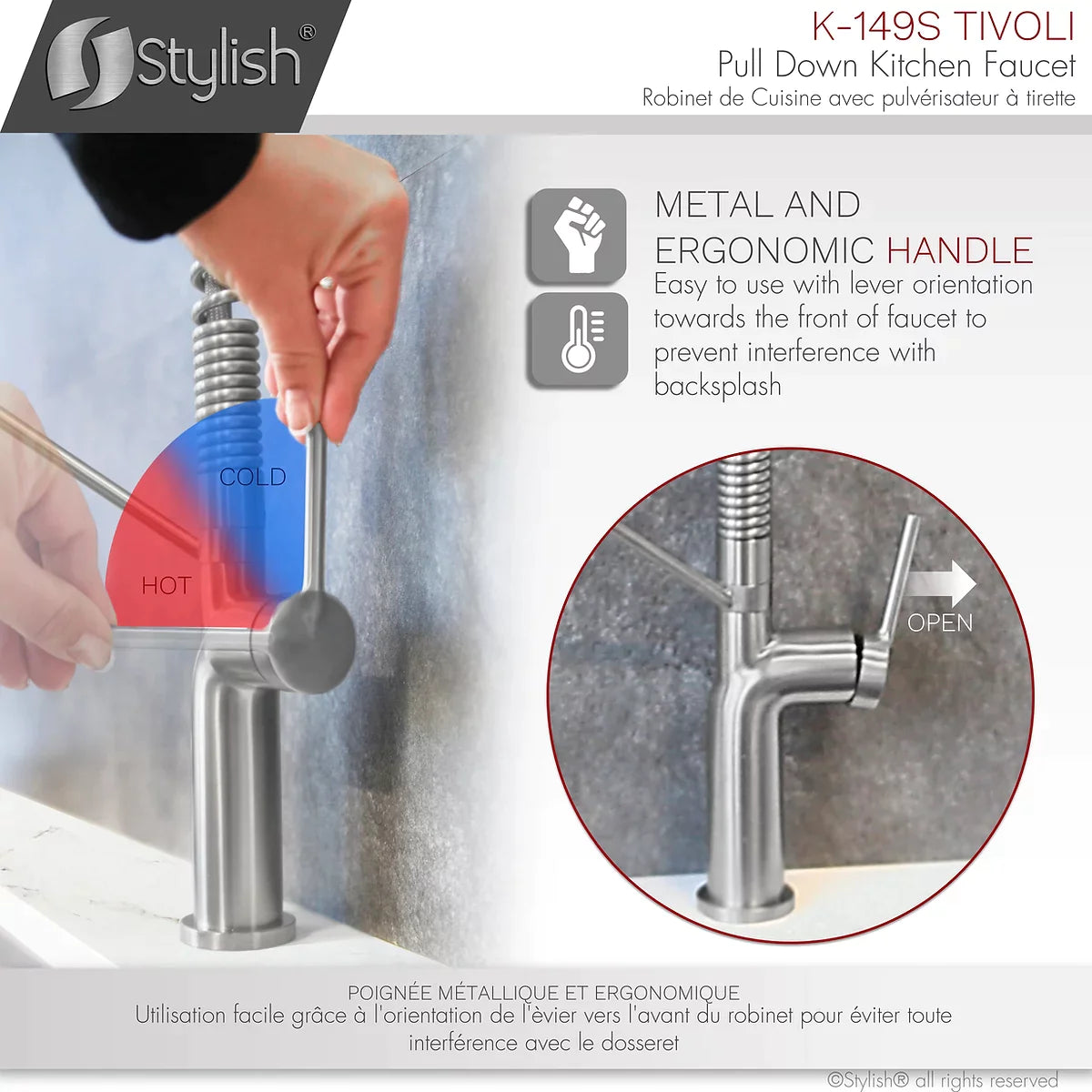Stylish Tivoli Single Handle Pull Down Kitchen Faucet Brushed Finish K-149S