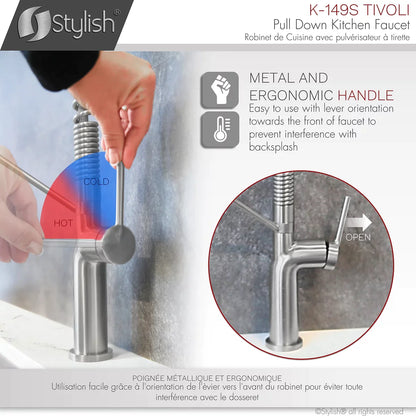 Stylish Tivoli Single Handle Pull Down Kitchen Faucet Brushed Finish K-149S