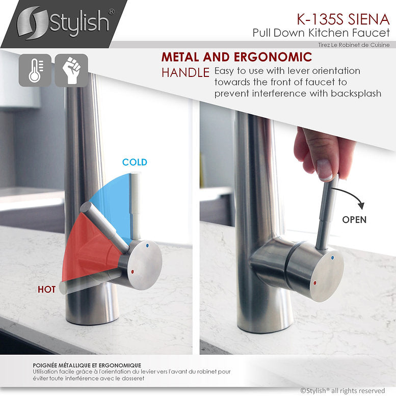 Stylish Siena Kitchen Faucet Single Handle Pull Down Dual Mode Stainless Steel Brushed Finish K-135S