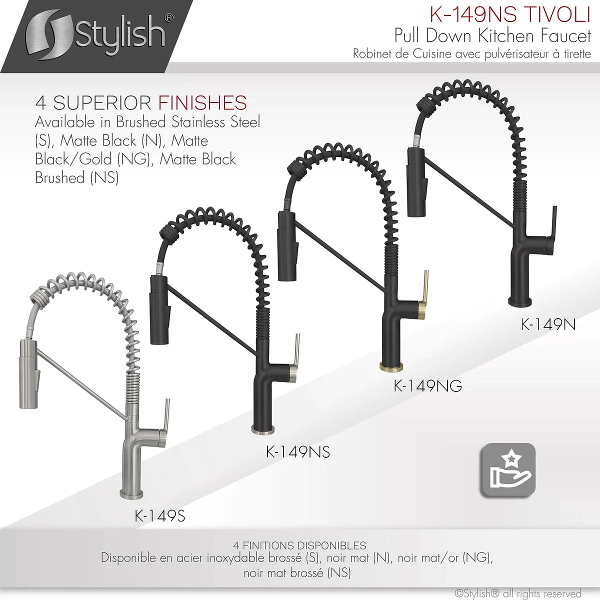 Stylish Tivoli Single Handle Pull Down Kitchen Faucet - Matte Black/Brushed Finish K-149NS
