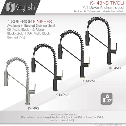 Stylish Tivoli Single Handle Pull Down Kitchen Faucet - Matte Black/Brushed Finish K-149NS
