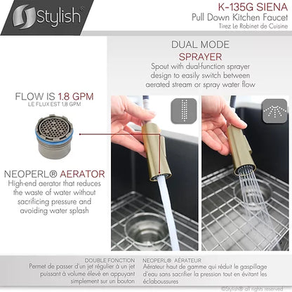 Stylish Kitchen Sink Faucet Single Handle Pull Down Dual Mode Stainless Steel Brushed Gold Finish K-135G