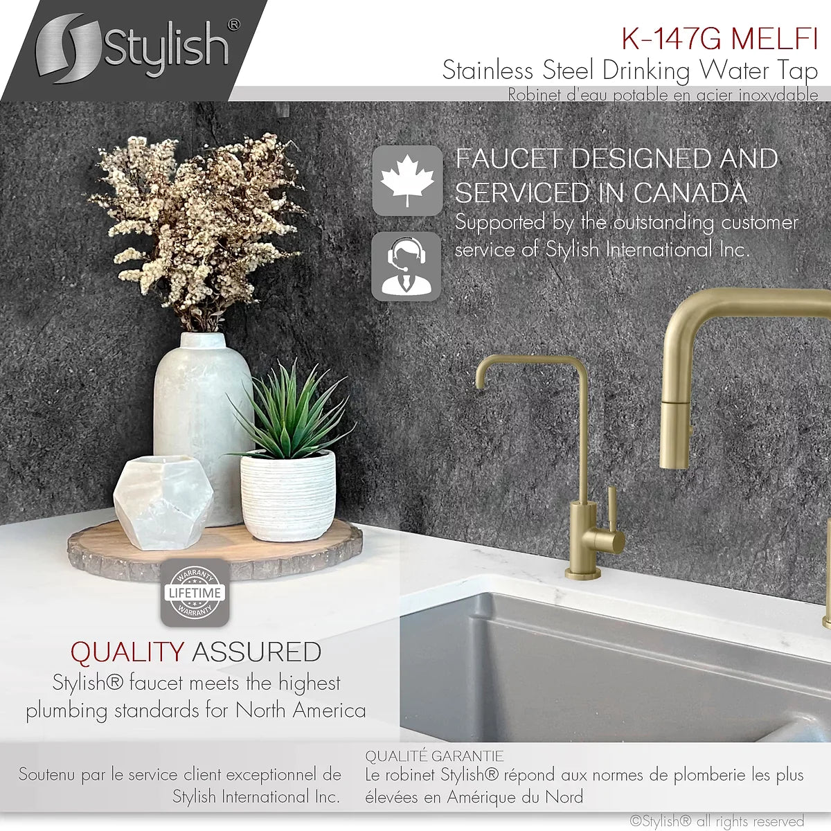 Stylish Melfi Single Handle Cold Water Tap Stainless Steel Brushed Gold Finish K-147G