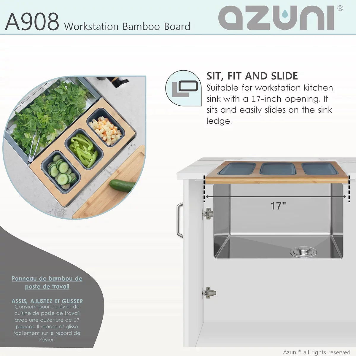 Stylish Azuni 17" Workstation Sink Bamboo Serving Board Set With 3 Containers A908