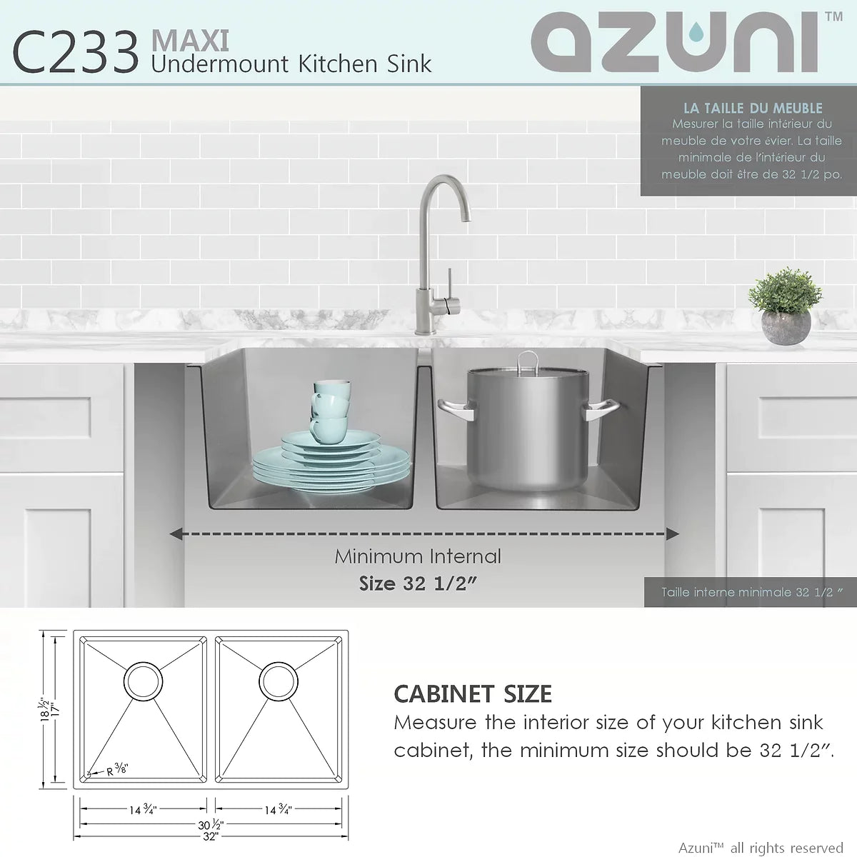 Stylish Azuni 32" x 18.5" Maxi Undermount Double Bowl Kitchen Sink Stainless Steel C233