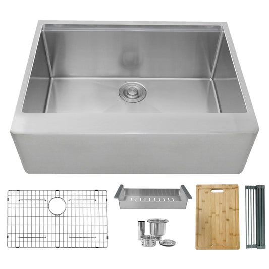 Stylish Jade 30" x 22" Farmhouse Workstation Single Bowl Stainless Steel Apron Kitchen Sink with Built-in Accessories S-316W