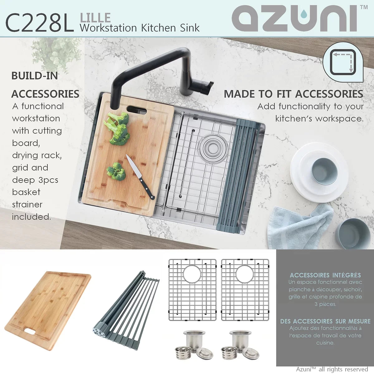 Stylish Azuni 28" x 19" Lille Workstation Double Bowl Undermount Kitchen Sink Stainless Steel C228l