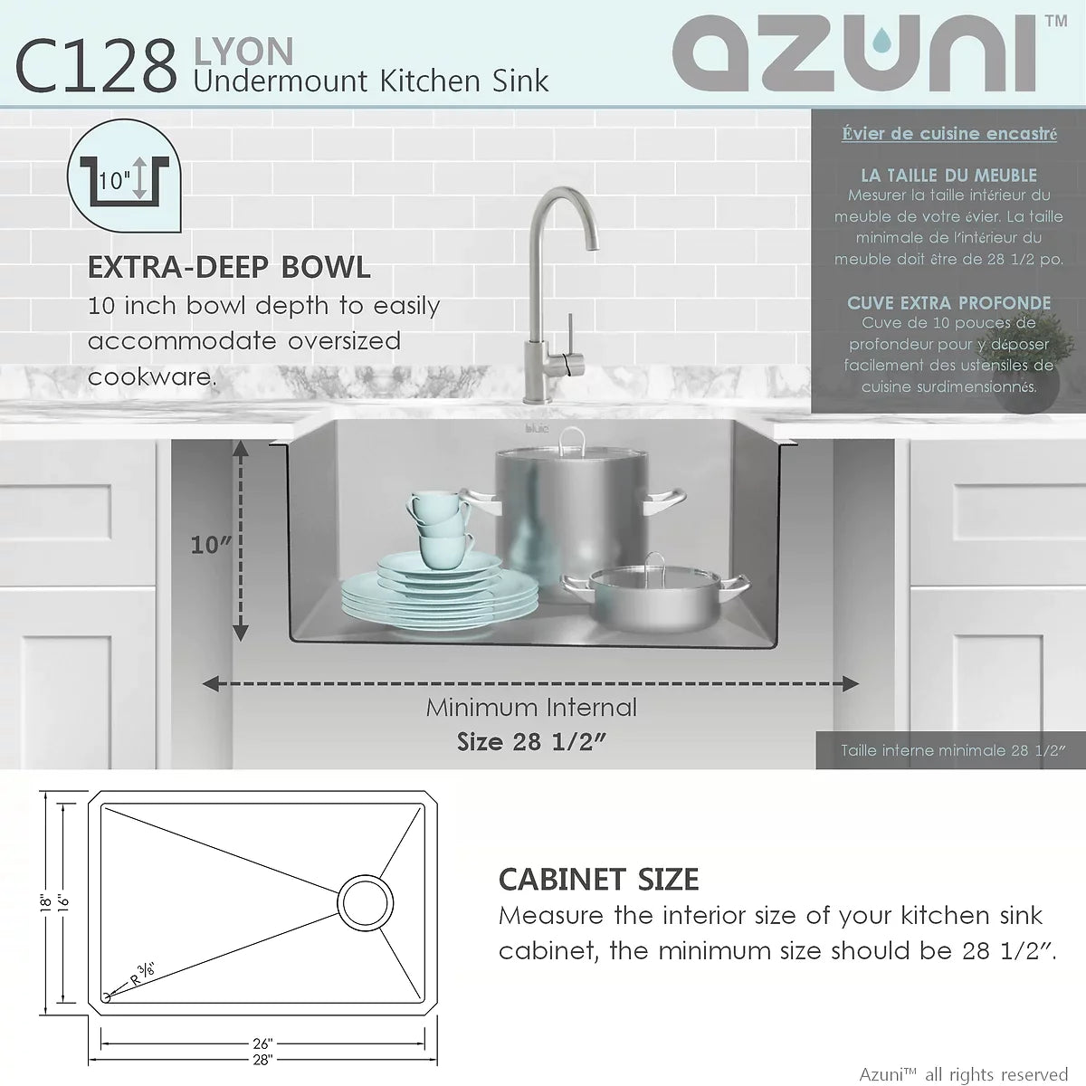 Stylish Azuni 28" x 18" Lyon Undermount Single Bowl Kitchen Sink Stainless Steel C128