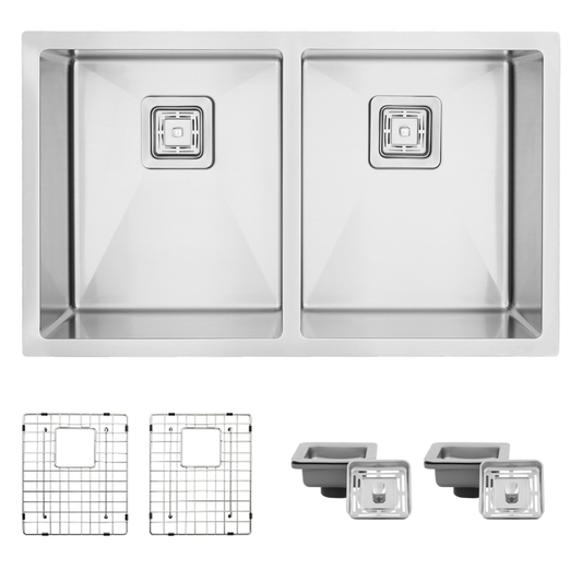 Stylish Azuni 32" x 18" Tulle Square Strainer 16 Gauge Undermount or Drop-in 50/50 Double Bowl Stainless Steel Kitchen Sink C232