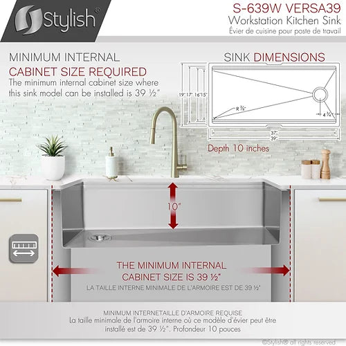 Stylish - 39 Inch Ledge Workstation Single Bowl Undermount 16 Gauge Stainless Steel Kitchen Sink With Built in Accessories (S-639w )