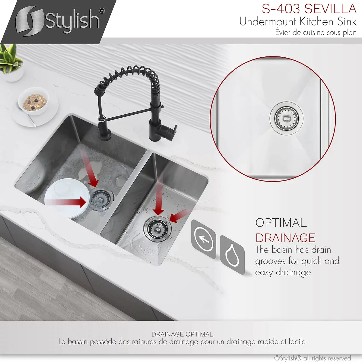Stylish Sevilla 28" x 18" Undermount Double Bowl Kitchen Sink 18 Gauge Stainless Steel with Standard Strainers S-403