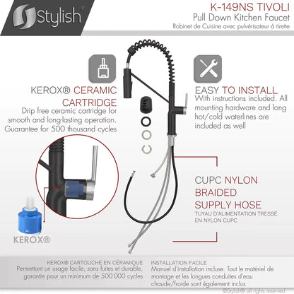 Stylish Tivoli Single Handle Pull Down Kitchen Faucet - Matte Black/Brushed Finish K-149NS