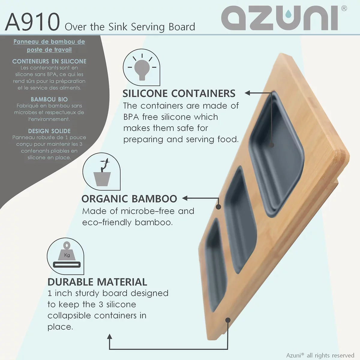 Stylish Azuni 18" Kitchen Sink Bamboo Serving Board Set With 3 Containers A910