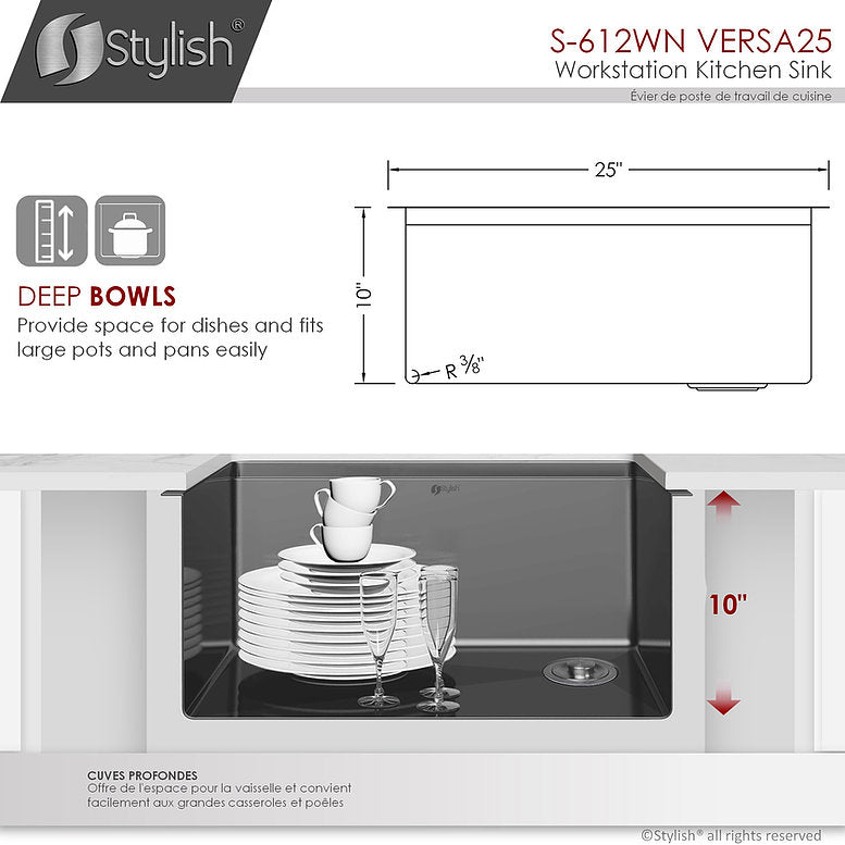 Stylish Versa25 25" x 19" Handmade Graphite Black Workstation Single Bowl Kitchen Sink Built in Accessories S-612WN