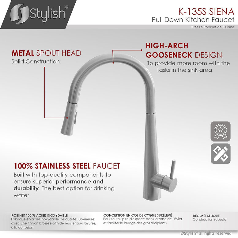 Stylish Siena Kitchen Faucet Single Handle Pull Down Dual Mode Stainless Steel Brushed Finish K-135S