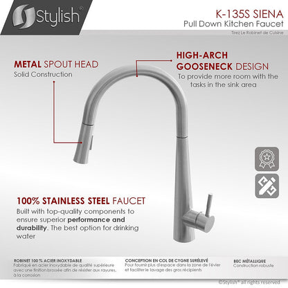 Stylish Siena Kitchen Faucet Single Handle Pull Down Dual Mode Stainless Steel Brushed Finish K-135S