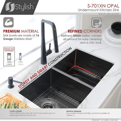 Stylish 32" x 18" Graphite Black Double Bowl Undermount Stainless Steel Kitchen Sink with Grids and Basket Strainers Opal