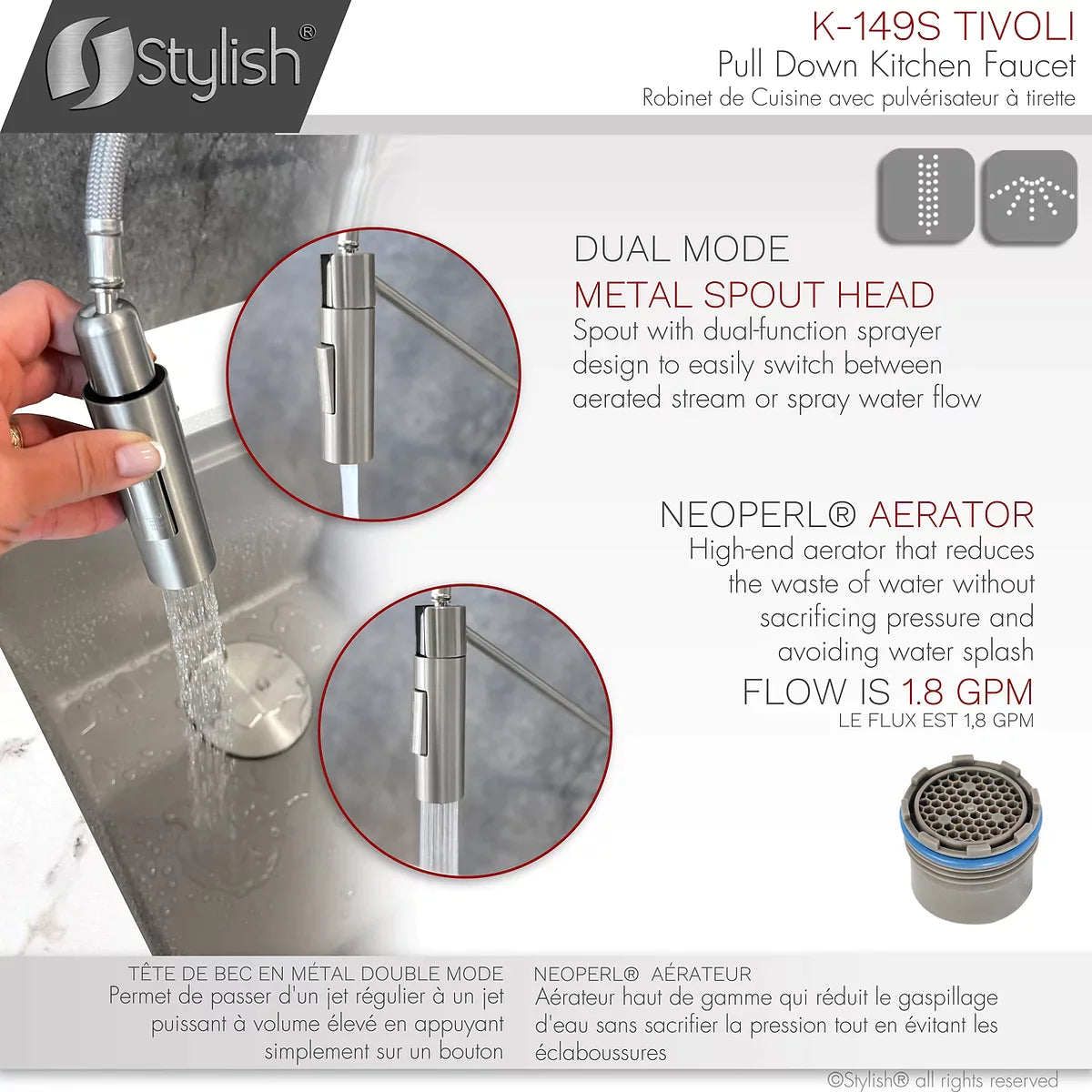 Stylish Tivoli Single Handle Pull Down Kitchen Faucet Brushed Finish K-149S