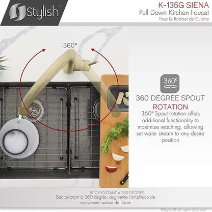 Stylish Kitchen Sink Faucet Single Handle Pull Down Dual Mode Stainless Steel Brushed Gold Finish K-135G