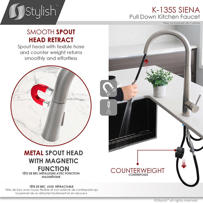 Stylish Siena Kitchen Faucet Single Handle Pull Down Dual Mode Stainless Steel Brushed Finish K-135S