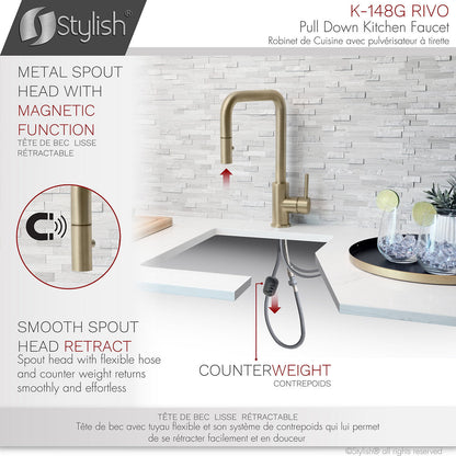 Stylish Rivo Single Handle Pull Down Kitchen Faucet - Brushed Gold Finish K-148G