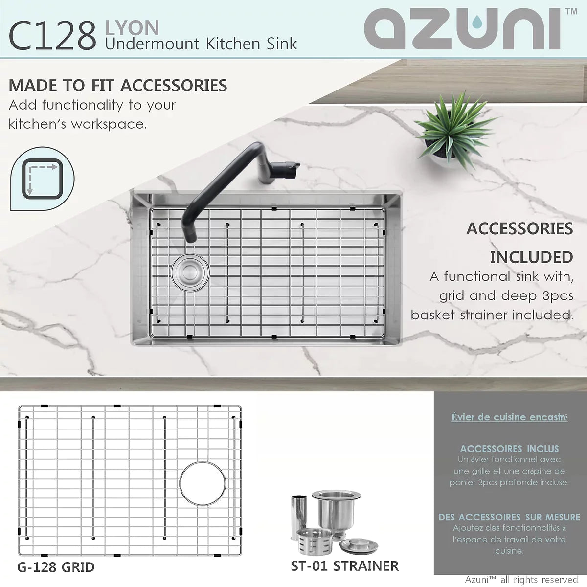 Stylish Azuni 28" x 18" Lyon Undermount Single Bowl Kitchen Sink Stainless Steel C128