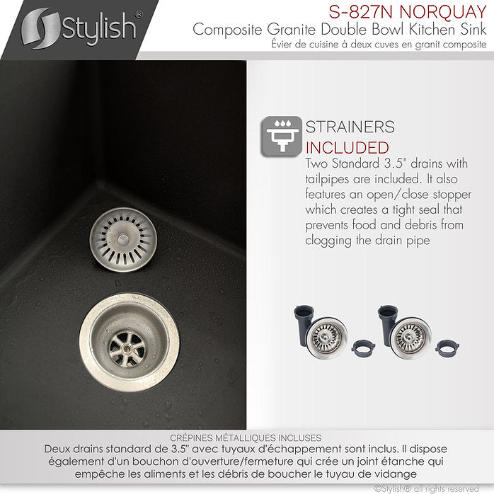 Stylish - 27 Inch Dual Mount 60/40 Double Bowl Granite Kitchen Sink With Strainer