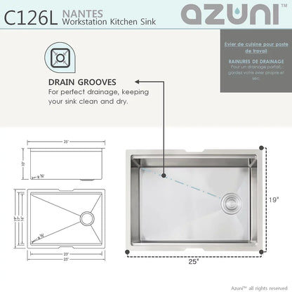 Stylish Azuni 25" x 19" Nantes Reversible Workstation Single Bowl Kitchen Sink Stainless Steel C126l