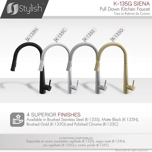 Stylish Kitchen Sink Faucet Single Handle Pull Down Dual Mode Stainless Steel Brushed Gold Finish K-135G