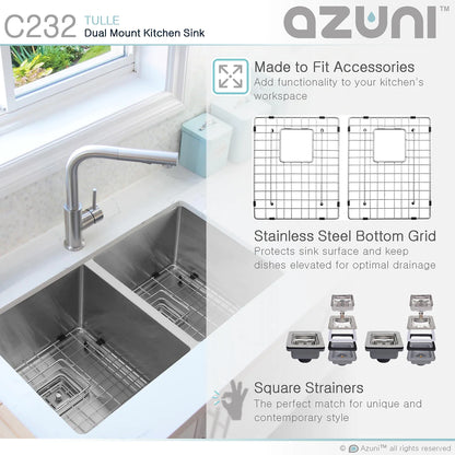 Stylish Azuni 32" x 18" Tulle Square Strainer 16 Gauge Undermount or Drop-in 50/50 Double Bowl Stainless Steel Kitchen Sink C232