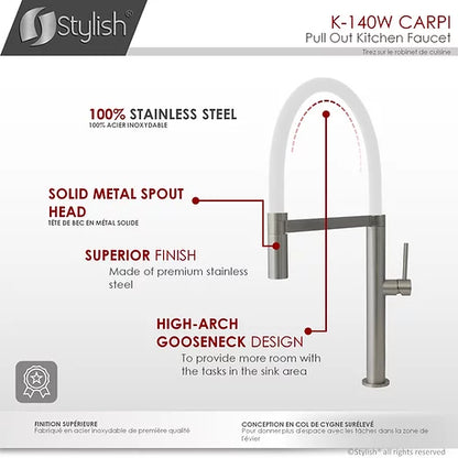 Stylish - Stainless Steel Single Handle Pull Out Dual Mode Kitchen Sink Faucet With White Spout Hose (K-140h)