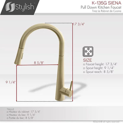 Stylish Kitchen Sink Faucet Single Handle Pull Down Dual Mode Stainless Steel Brushed Gold Finish K-135G