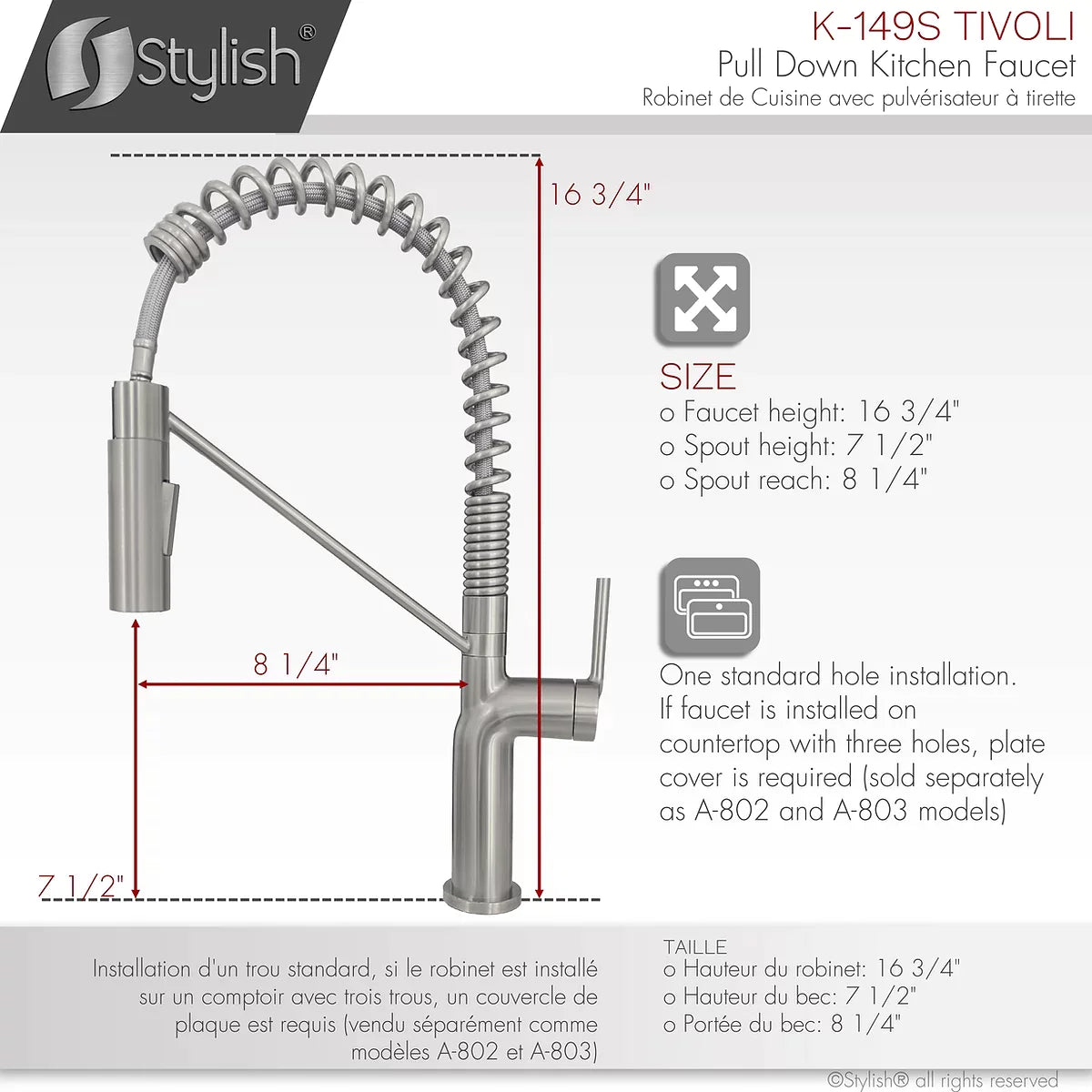 Stylish Tivoli Single Handle Pull Down Kitchen Faucet Brushed Finish K-149S