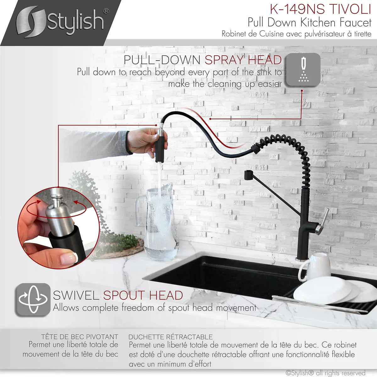 Stylish Tivoli Single Handle Pull Down Kitchen Faucet - Matte Black/Brushed Finish K-149NS