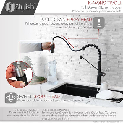 Stylish Tivoli Single Handle Pull Down Kitchen Faucet - Matte Black/Brushed Finish K-149NS