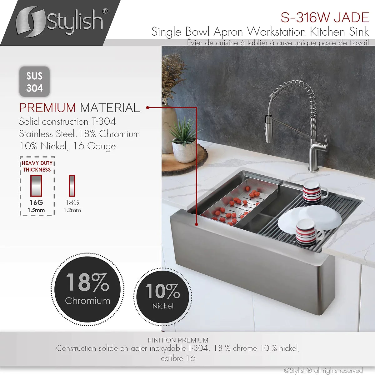 Stylish Jade 30" x 22" Farmhouse Workstation Single Bowl Stainless Steel Apron Kitchen Sink with Built-in Accessories S-316W
