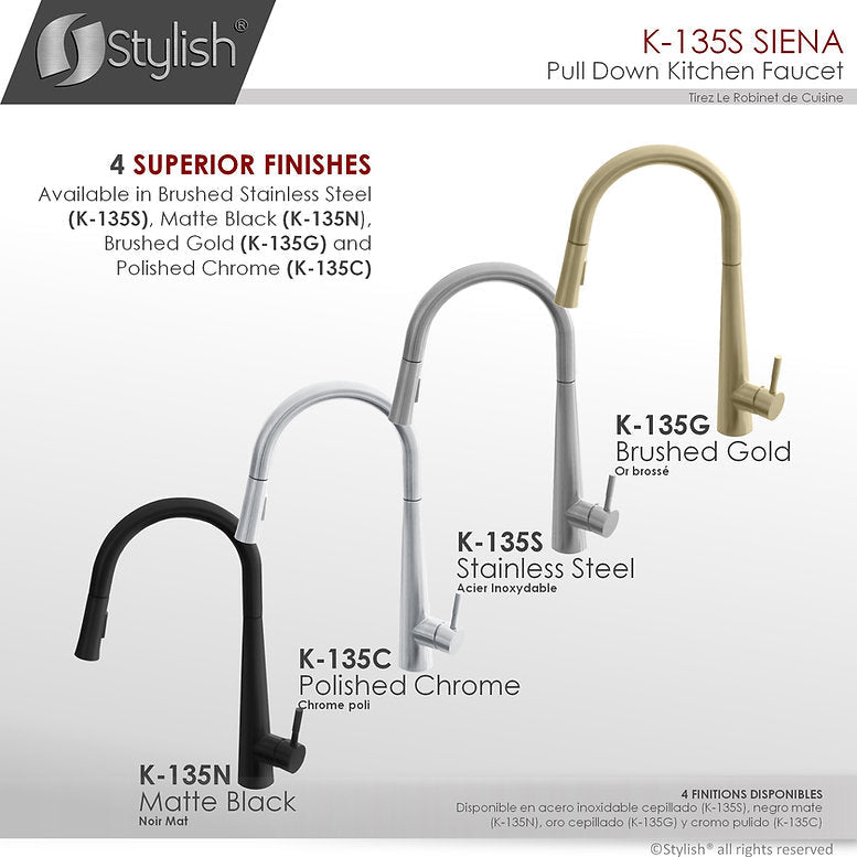 Stylish Siena Kitchen Faucet Single Handle Pull Down Dual Mode Stainless Steel Brushed Finish K-135S