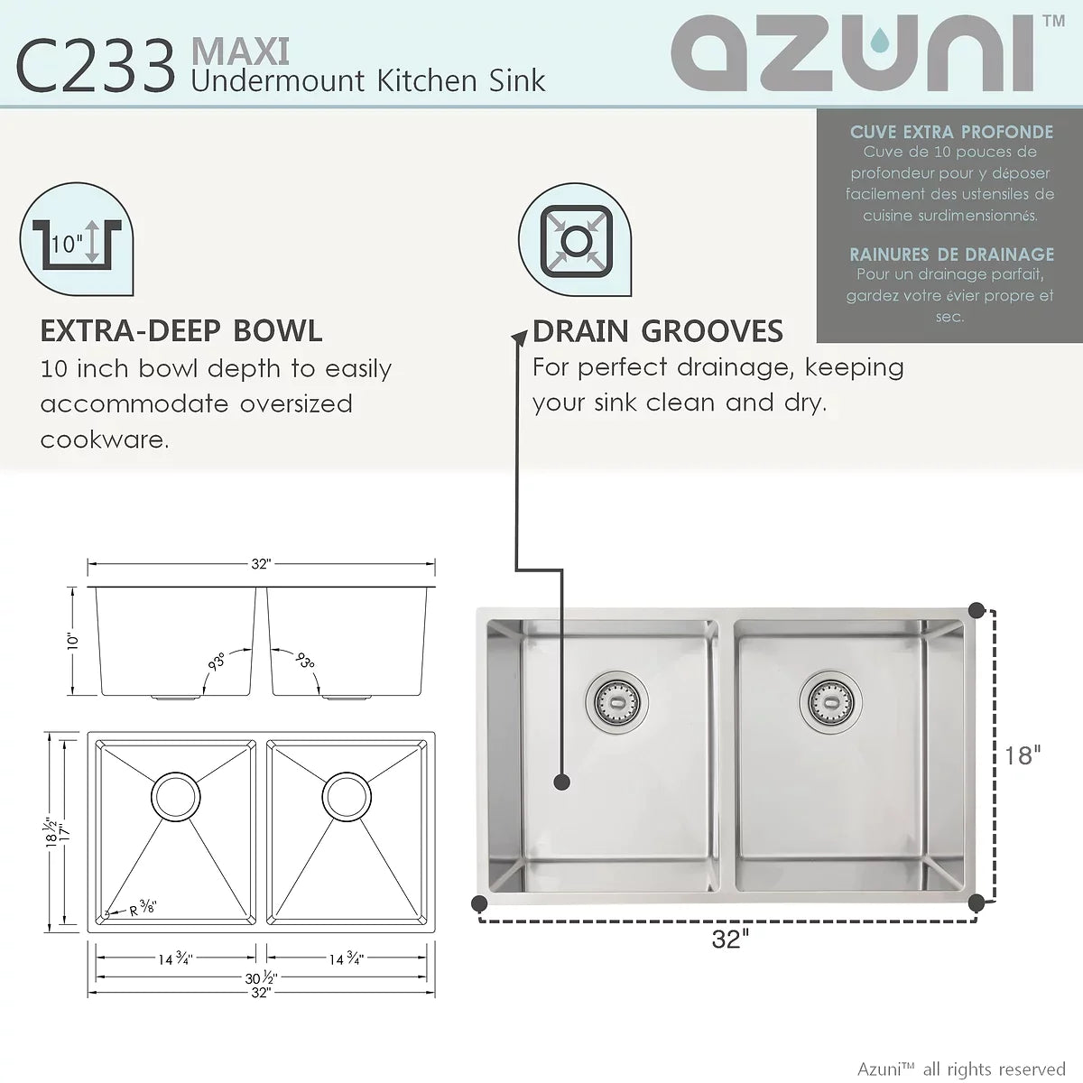 Stylish Azuni 32" x 18.5" Maxi Undermount Double Bowl Kitchen Sink Stainless Steel C233