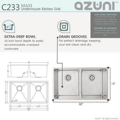Stylish Azuni 32" x 18.5" Maxi Undermount Double Bowl Kitchen Sink Stainless Steel C233
