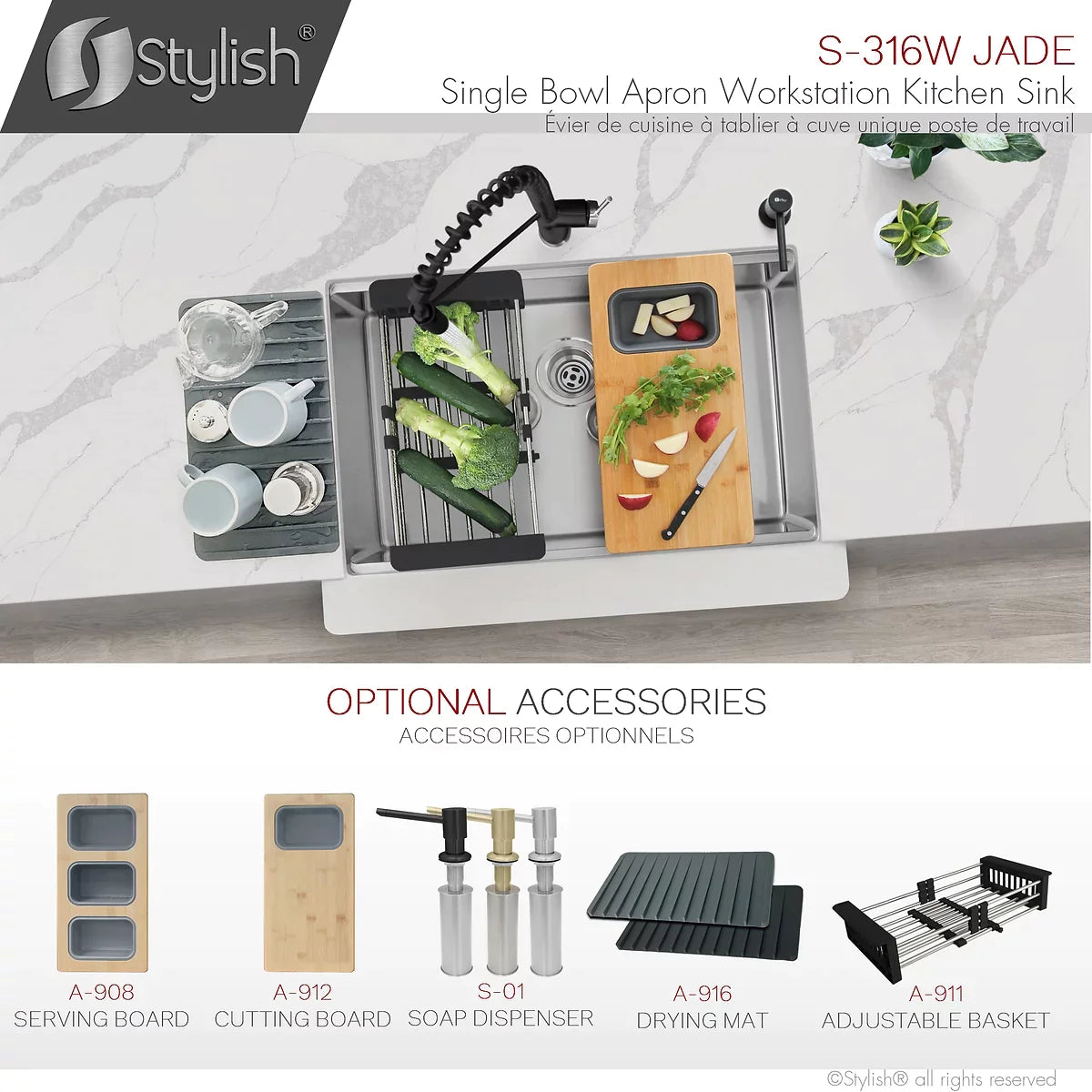 Stylish Jade 30" x 22" Farmhouse Workstation Single Bowl Stainless Steel Apron Kitchen Sink with Built-in Accessories S-316W