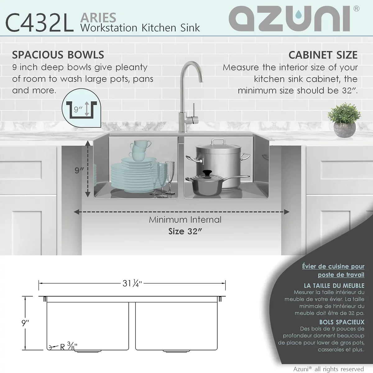 Stylish Azuni Aries 31” x 20.5" Workstation Double Bowl Kitchen Sink Stainless Steel C432L