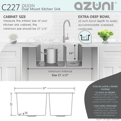 Stylish Azuni 27" x 18" Dijon Dual mount Double Bowl Kitchen Sink Stainless Steel C227